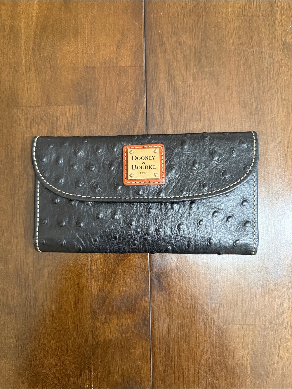 Dooney & Bourke Black Ostrich Embossed Leather Wallet Orange Trim